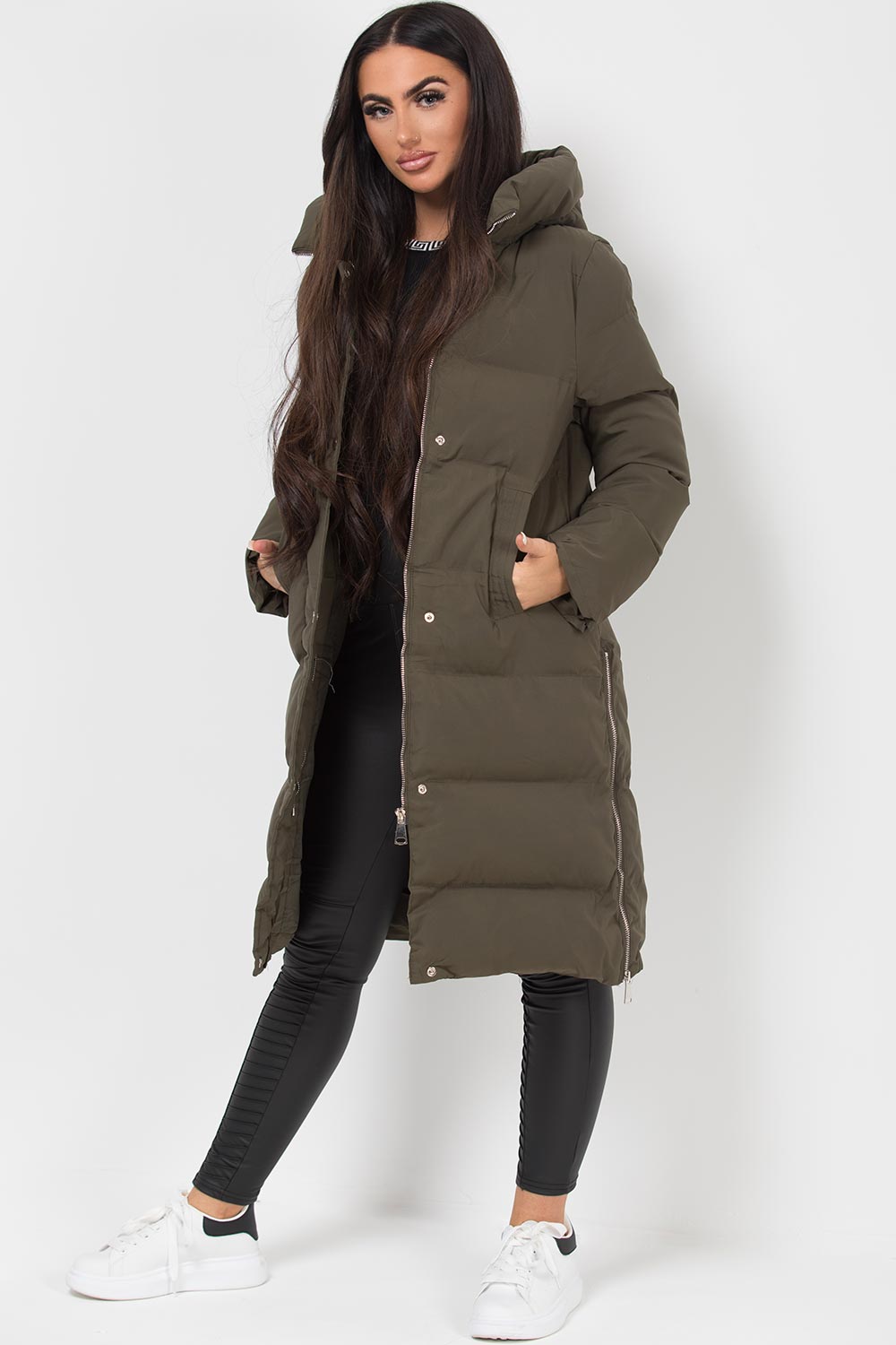 puffer padded longline coat khaki