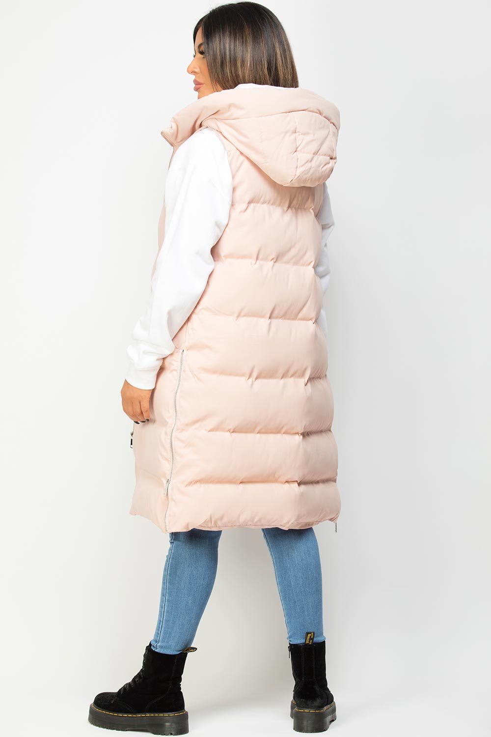pink puffer long gilet womens