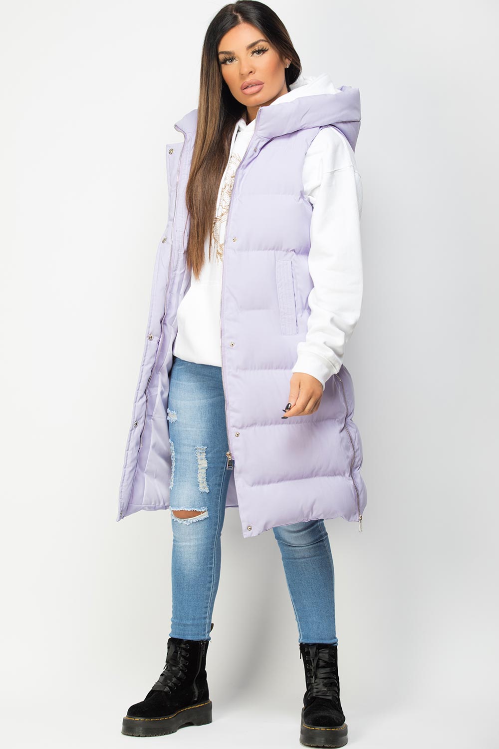 padded hooded gilet lilac