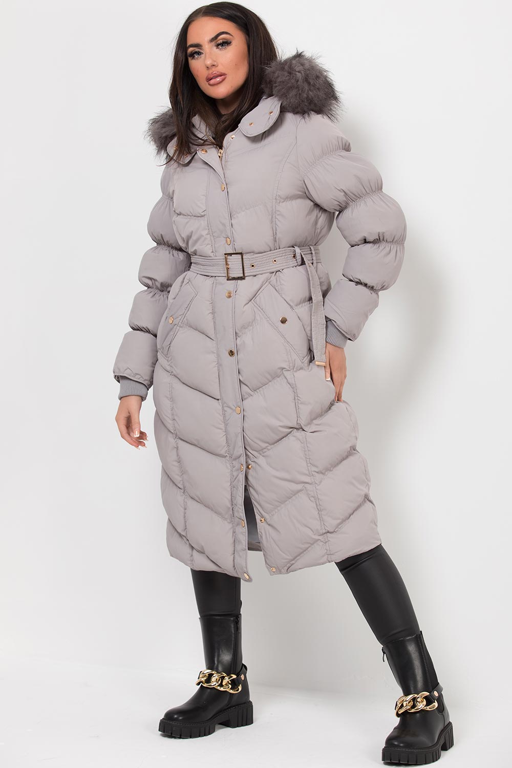 womens long puffer coat grey