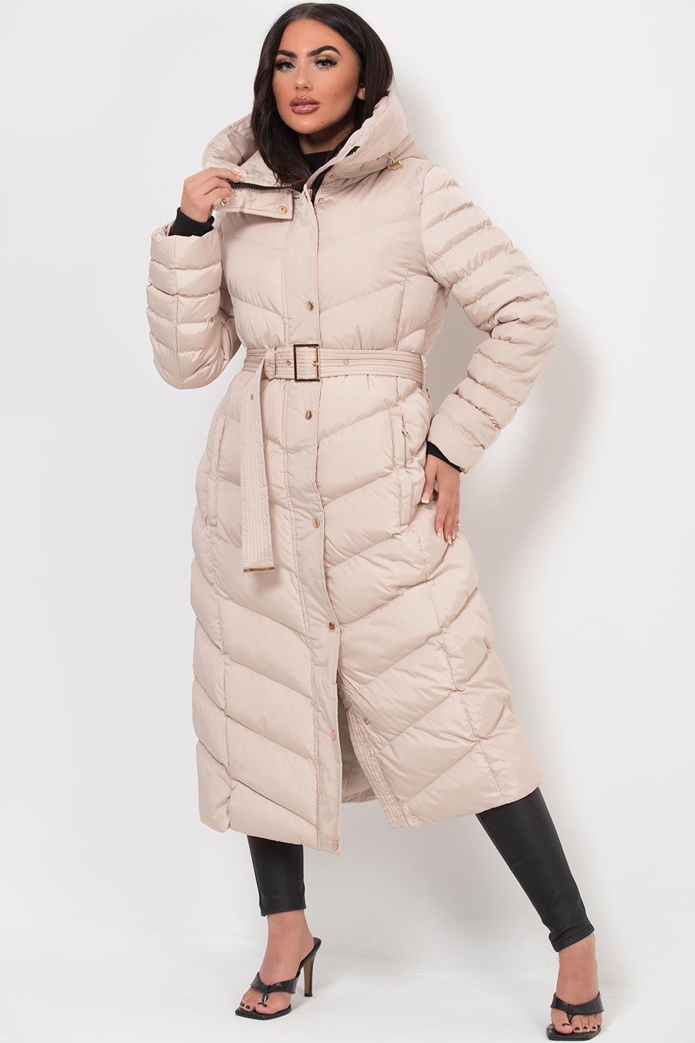 long puffer padded hooded down coat womens
