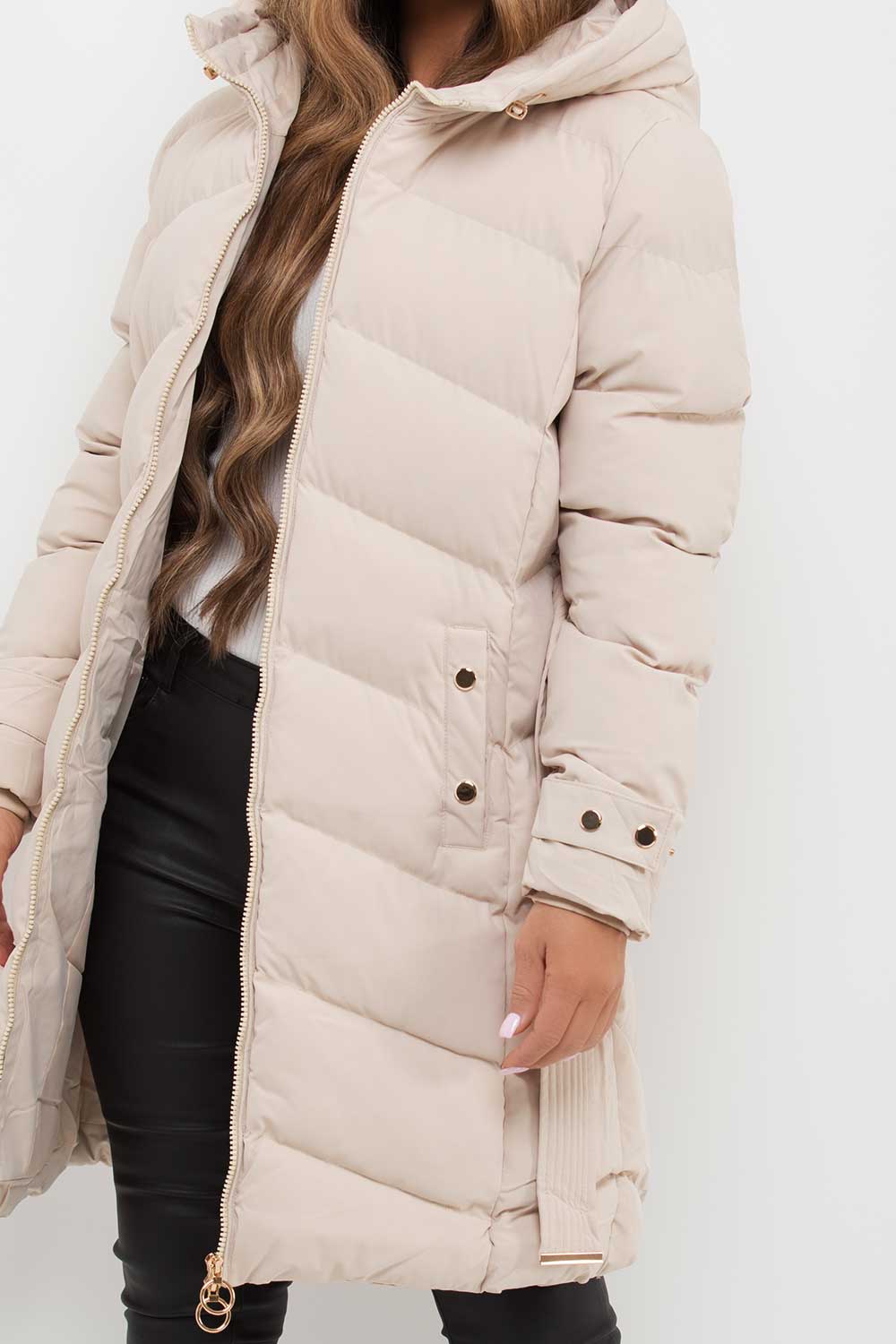 long puffer jacket with belt