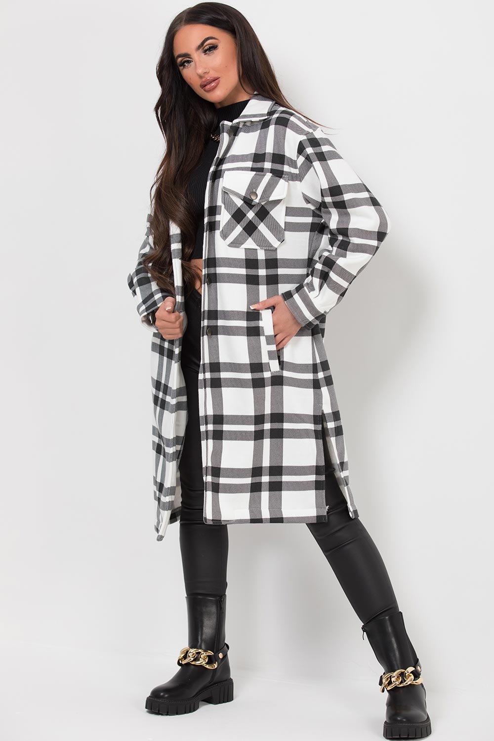 womens longline check shacket