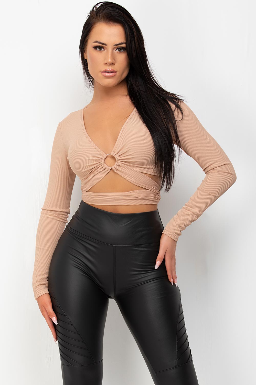 long sleeve ring detail cut out front crop top