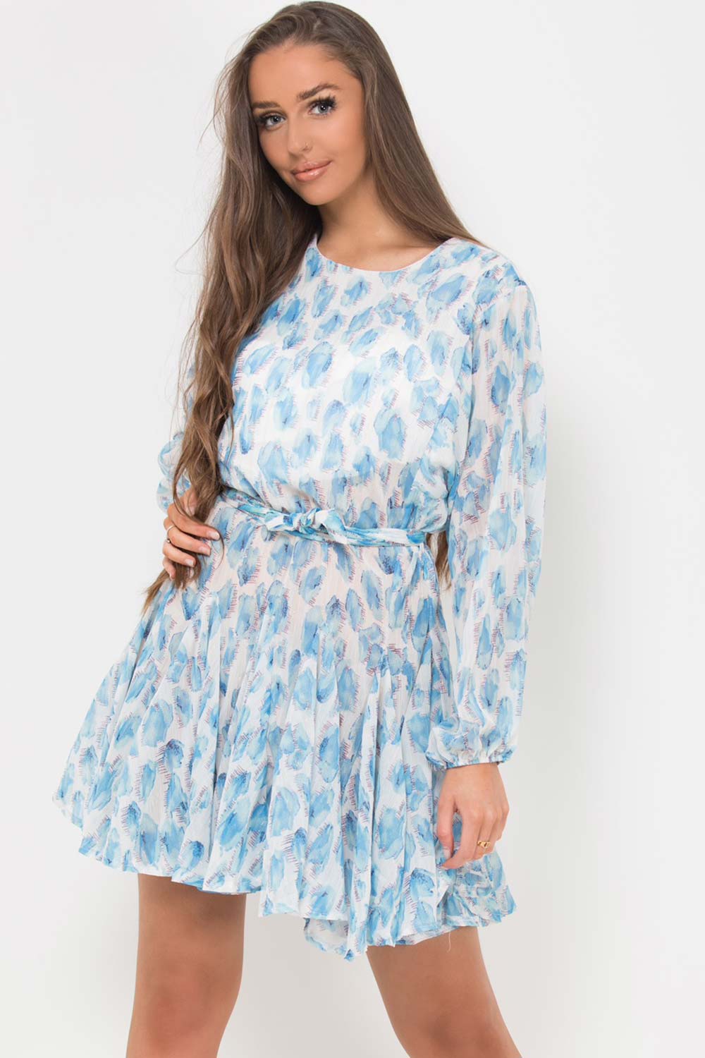 Floral Print Chiffon Skater Dress Blue