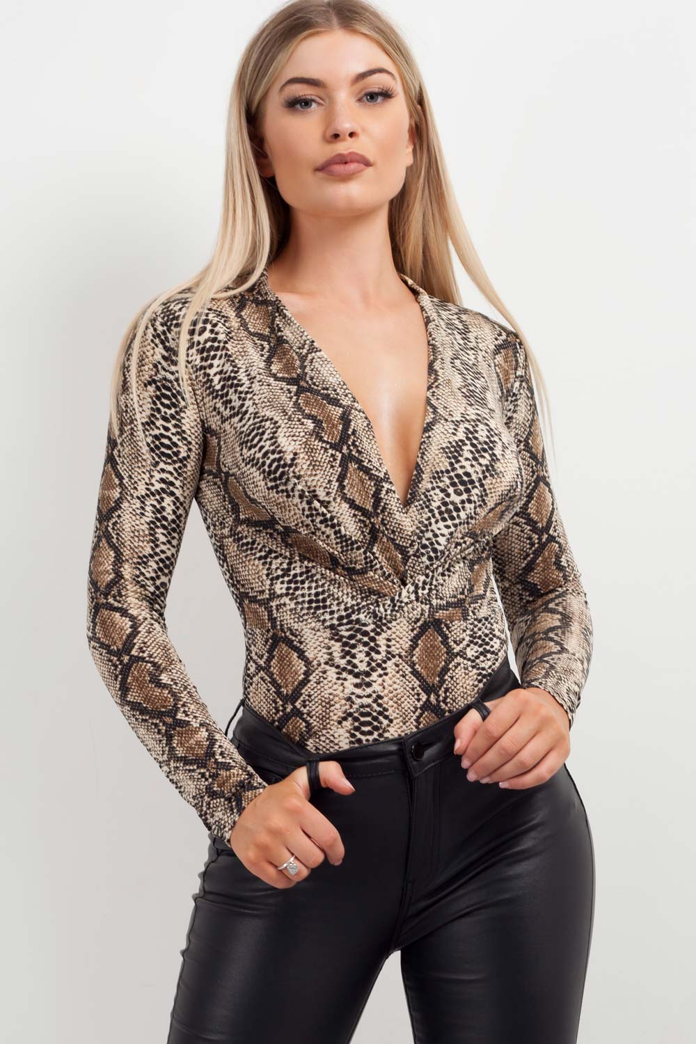 snake print plunge bodysuit long sleeve