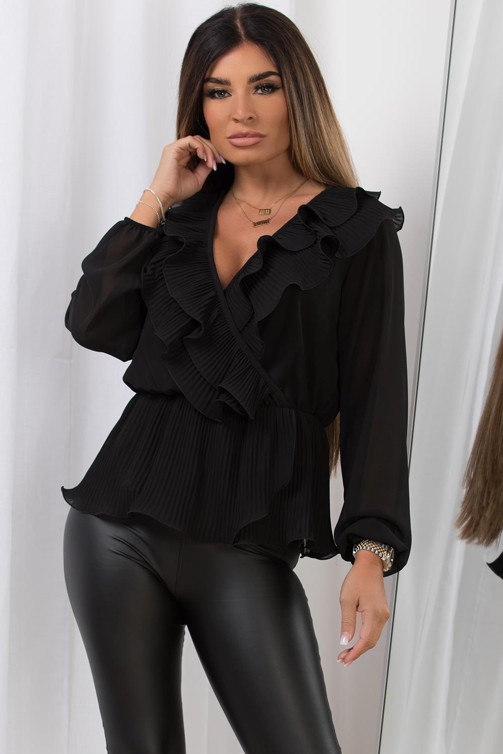 long sleeve ruffle frill plunge neckline blouse occasion top