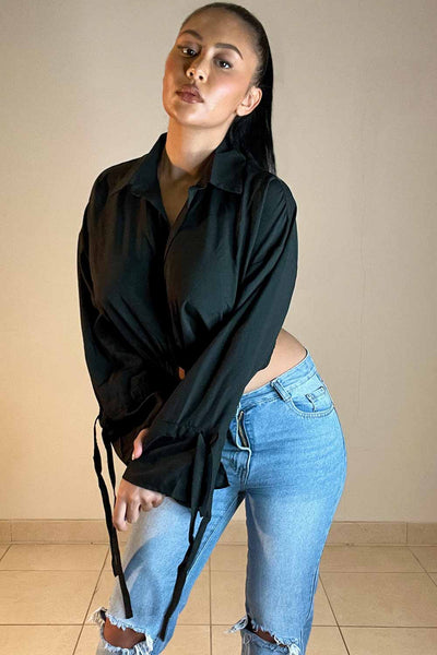 Ashen Fane Women's Tie Front Casual Shirt - 100% Combed Cotton Summer Top, Black, Large 3 thumbnail image