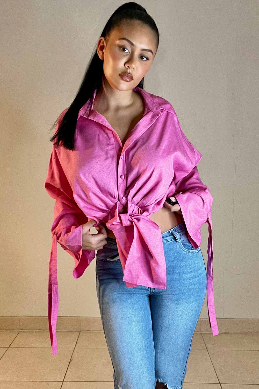 pink tie front shirt womens