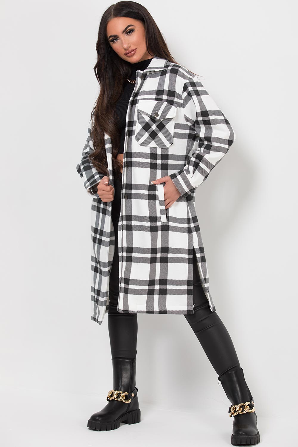 womens longline shacket jacket black white check