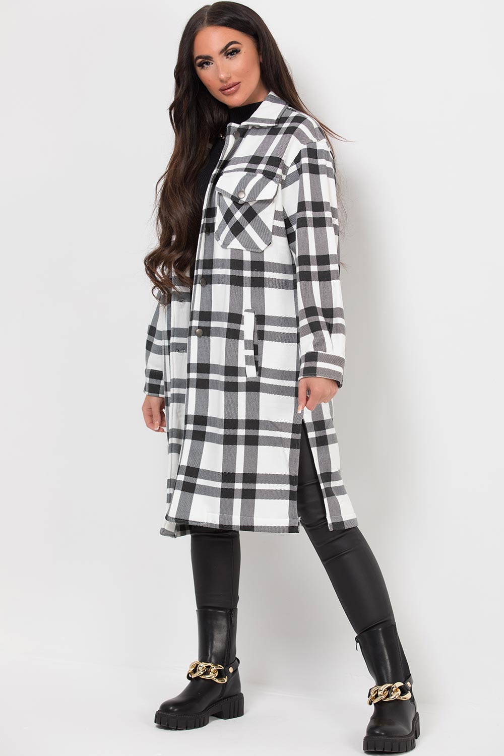 longline checked shacket black white