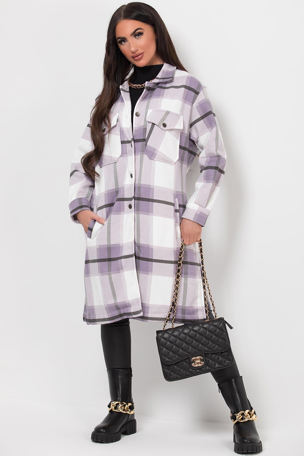 womens long check shacket