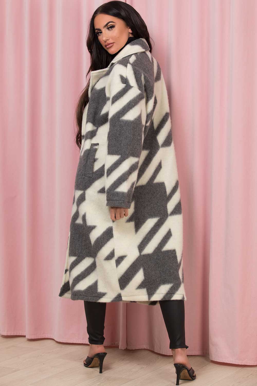 womens long coat with dogtooth print