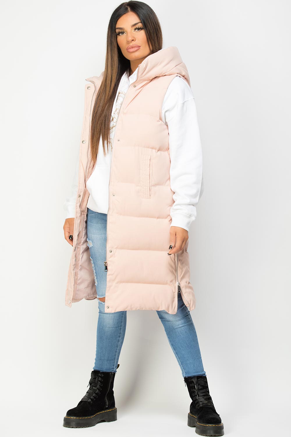 pink padded hooded gilet womens
