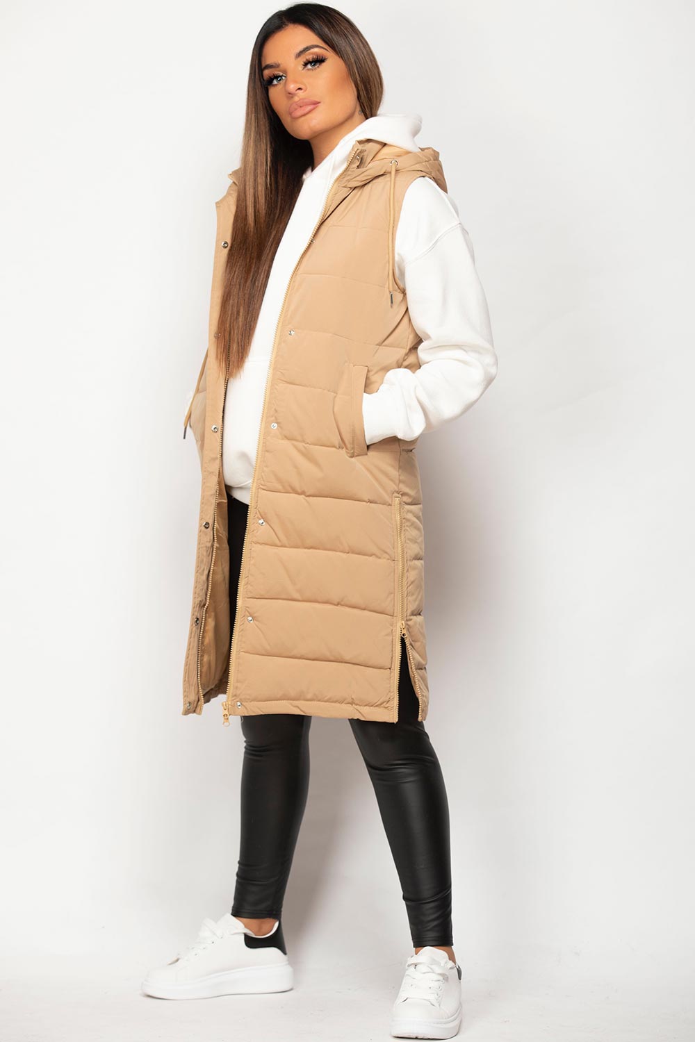 longline padded gilet camel