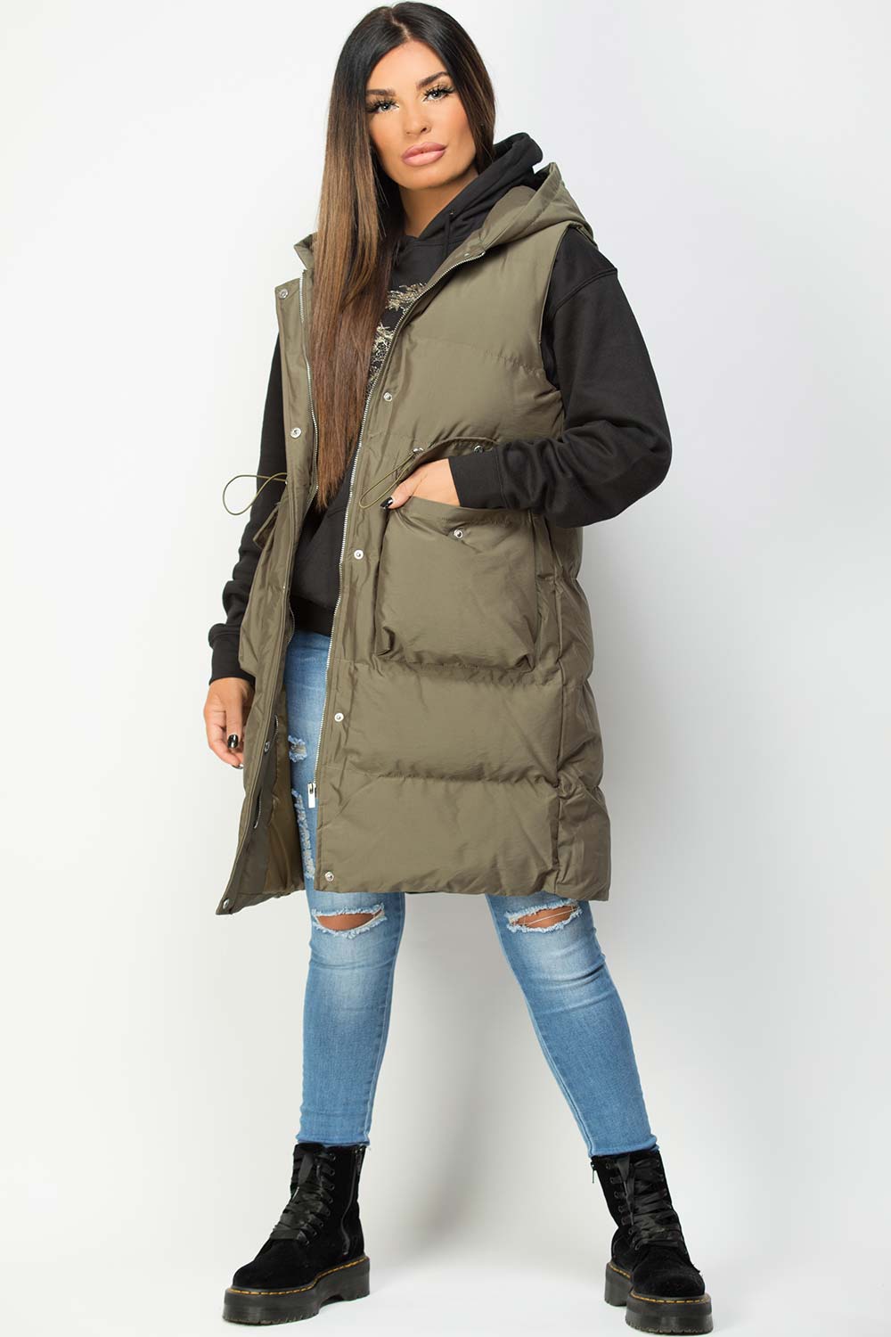 longline padded puffer hooded sleeveless gilet