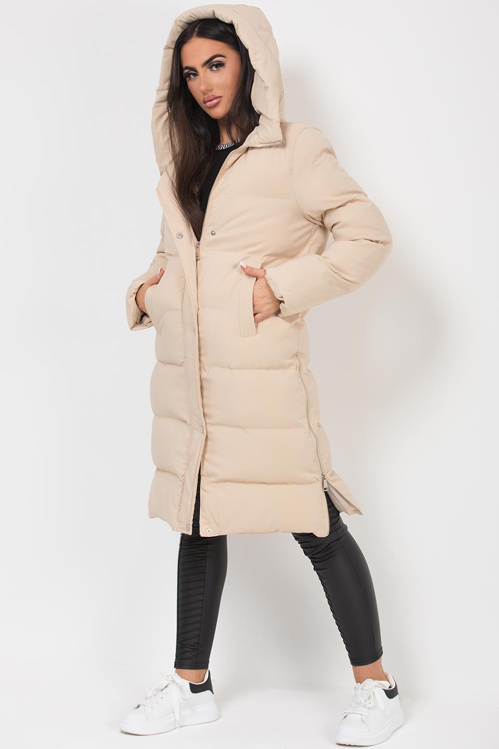 womens long padded coat beige