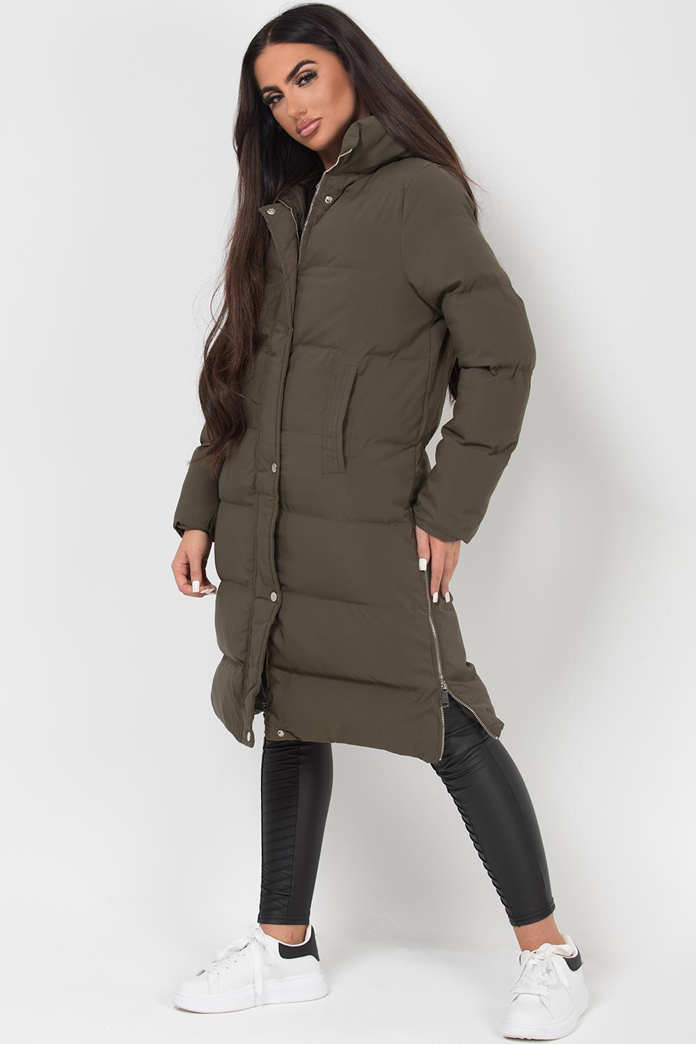 womens longline padded coat khaki