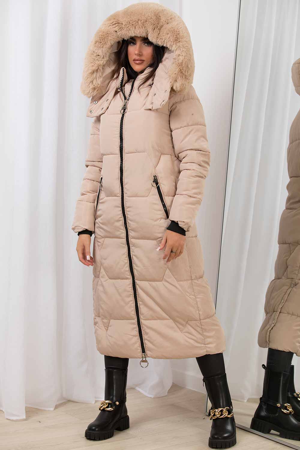 fur hood puffer padded down coat womens