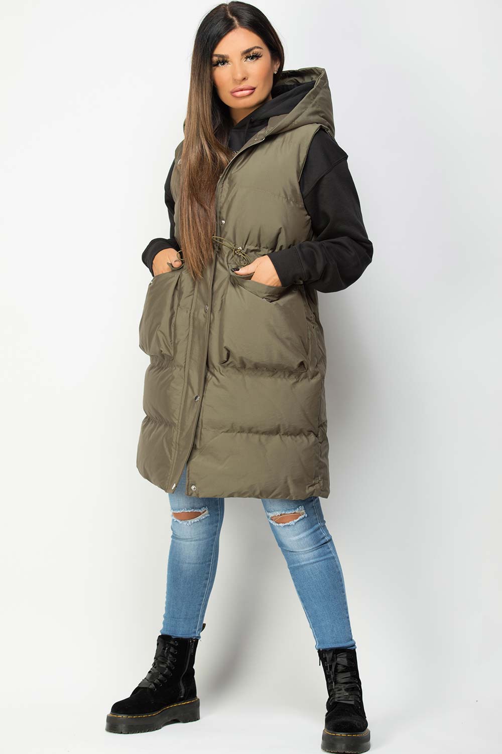 khaki puffer padded long gilet womens uk