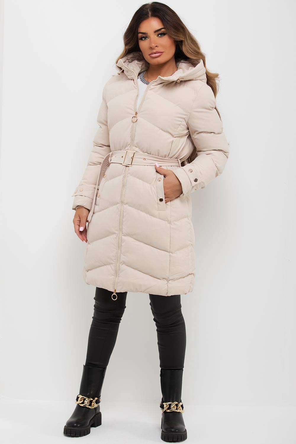 longline puffer jacket with belt