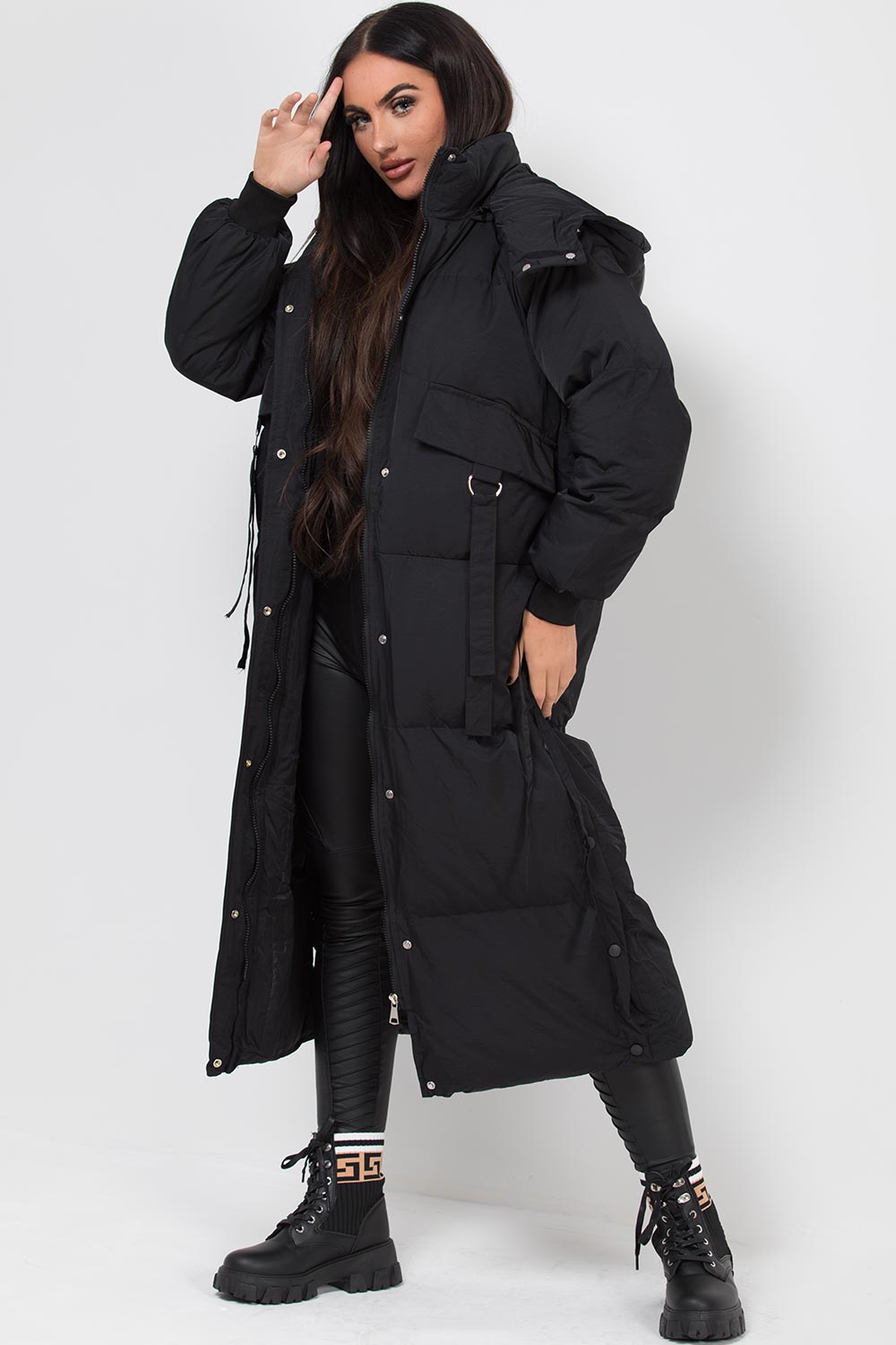 black longline puffer padded jacket