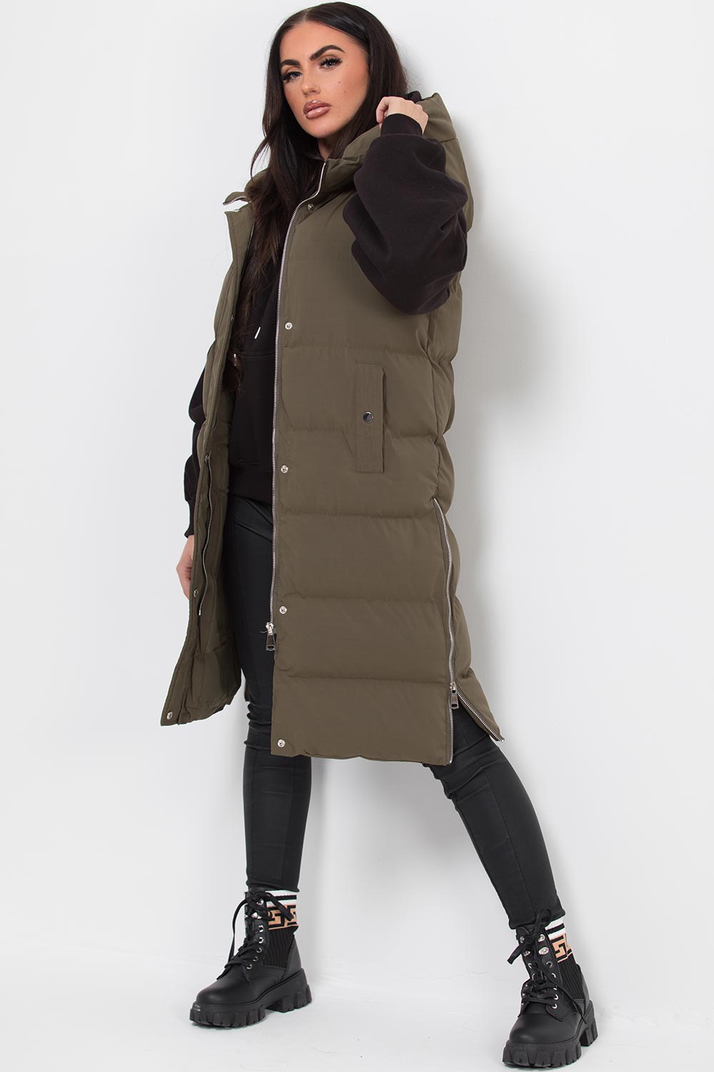 womens long puffer padded hooded gilet