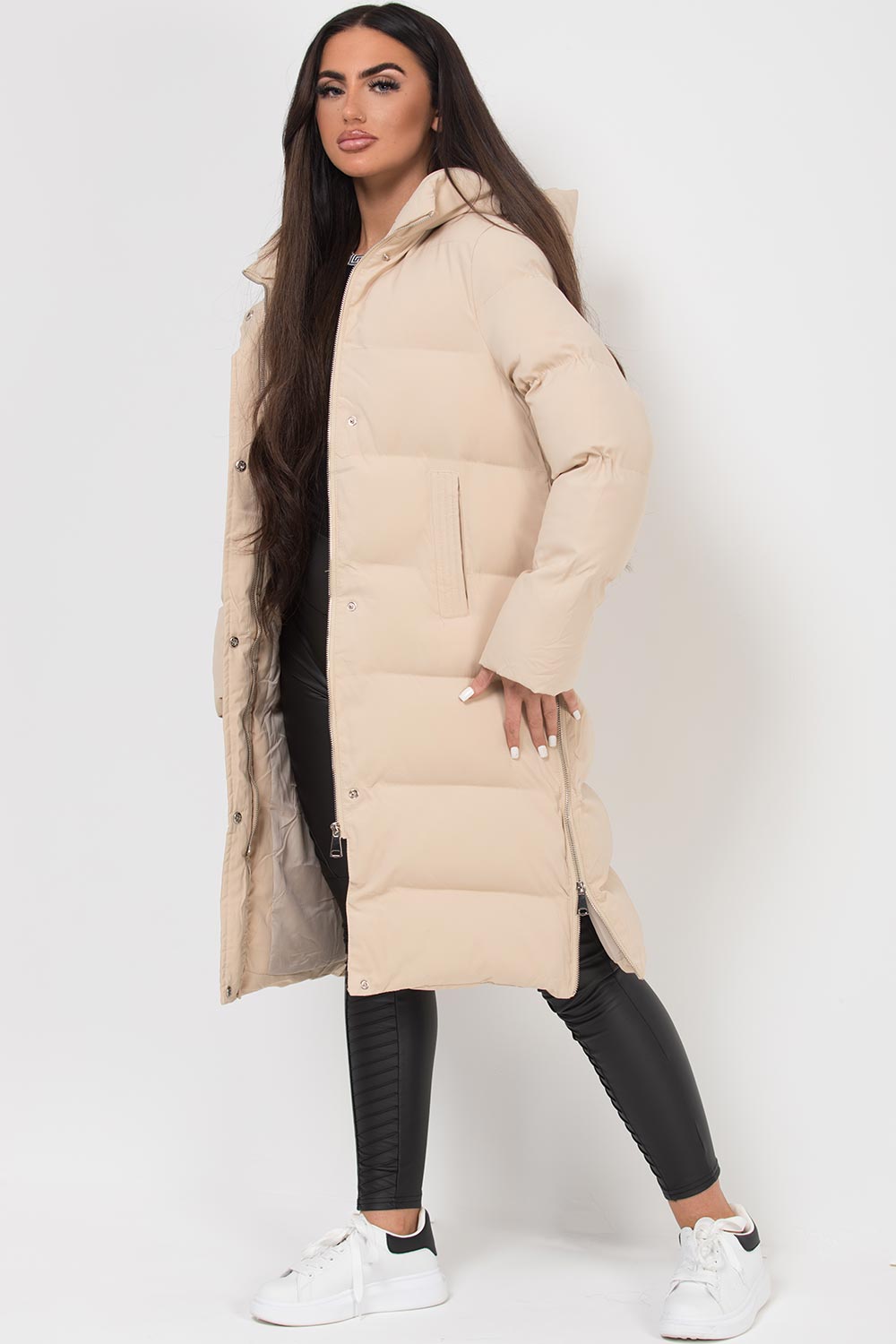 womens long puffer coat beige