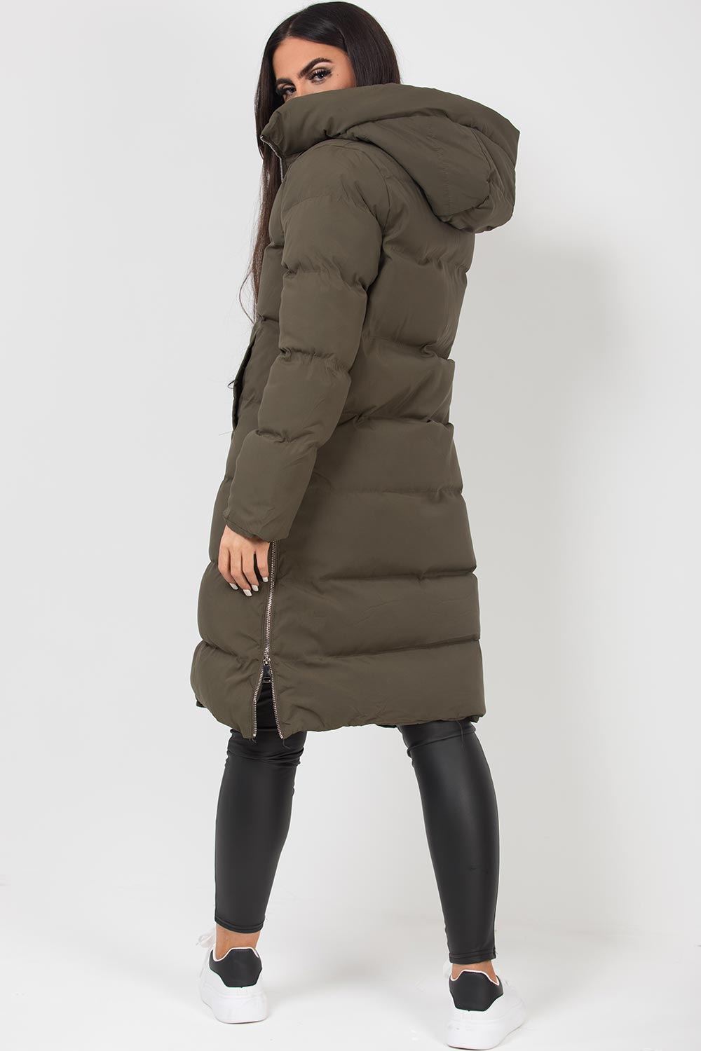 long padded puffer coat with hood khaki