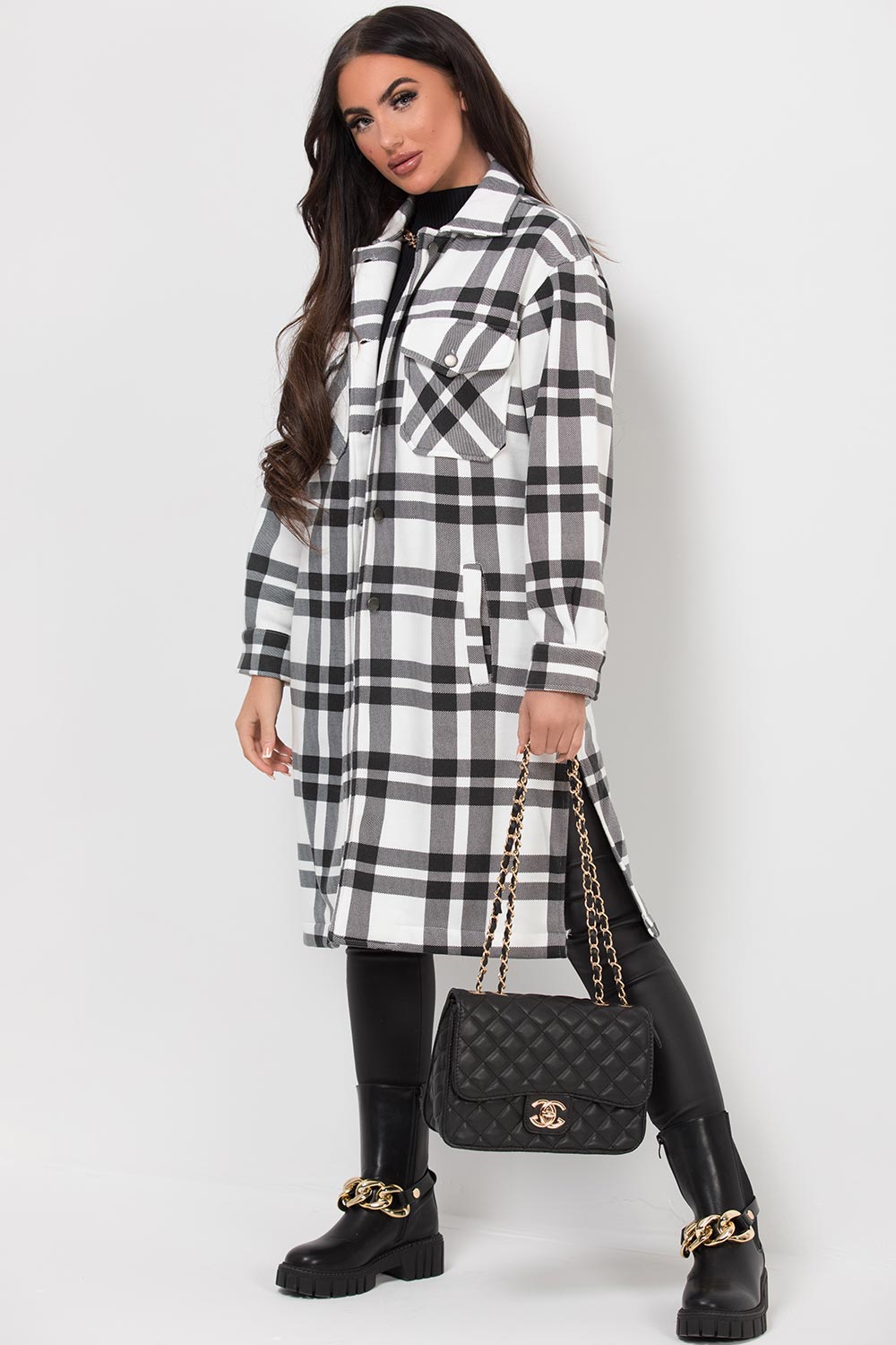 black white longline check shacket womens