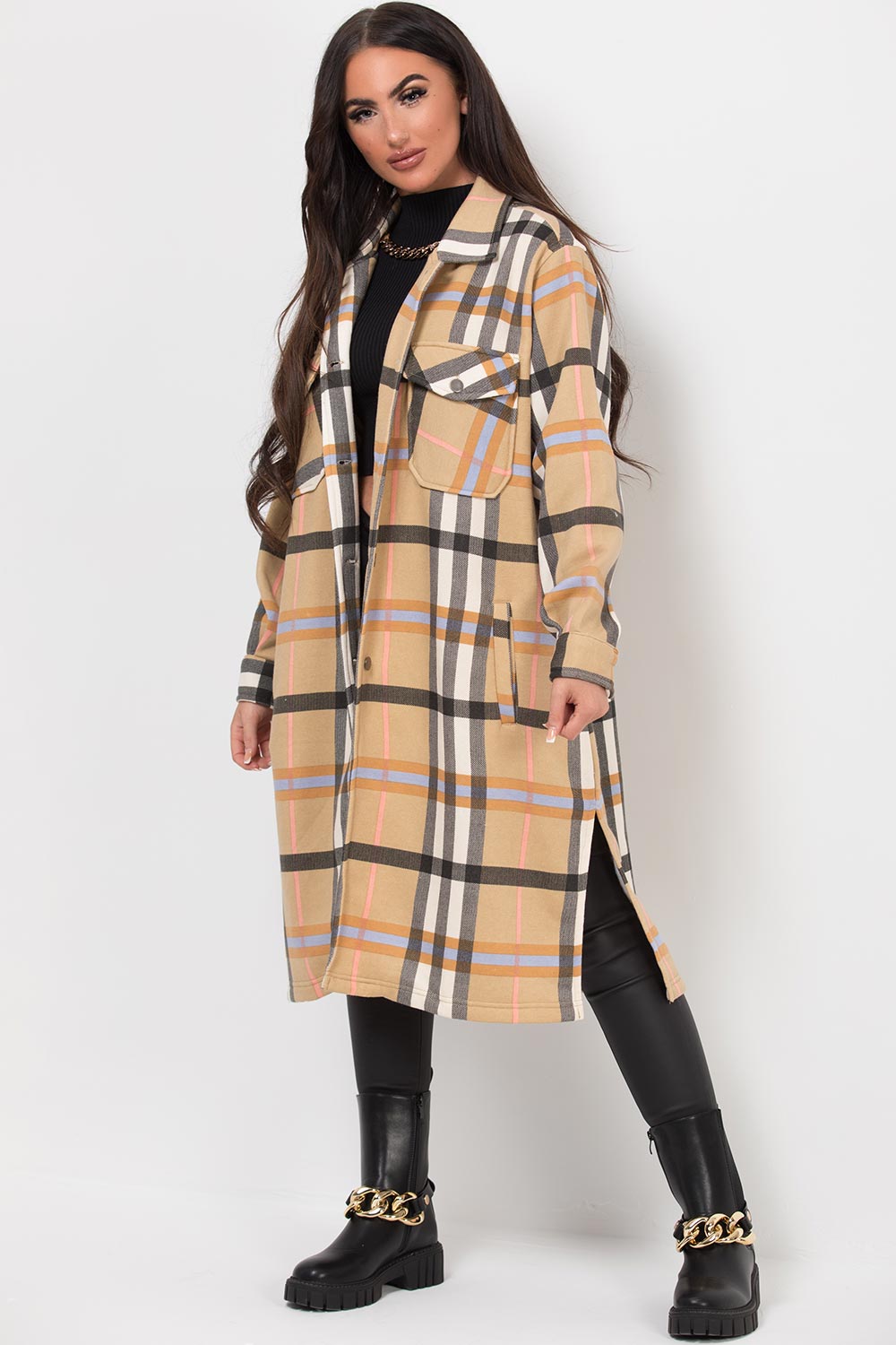 womens long check shacket jacket