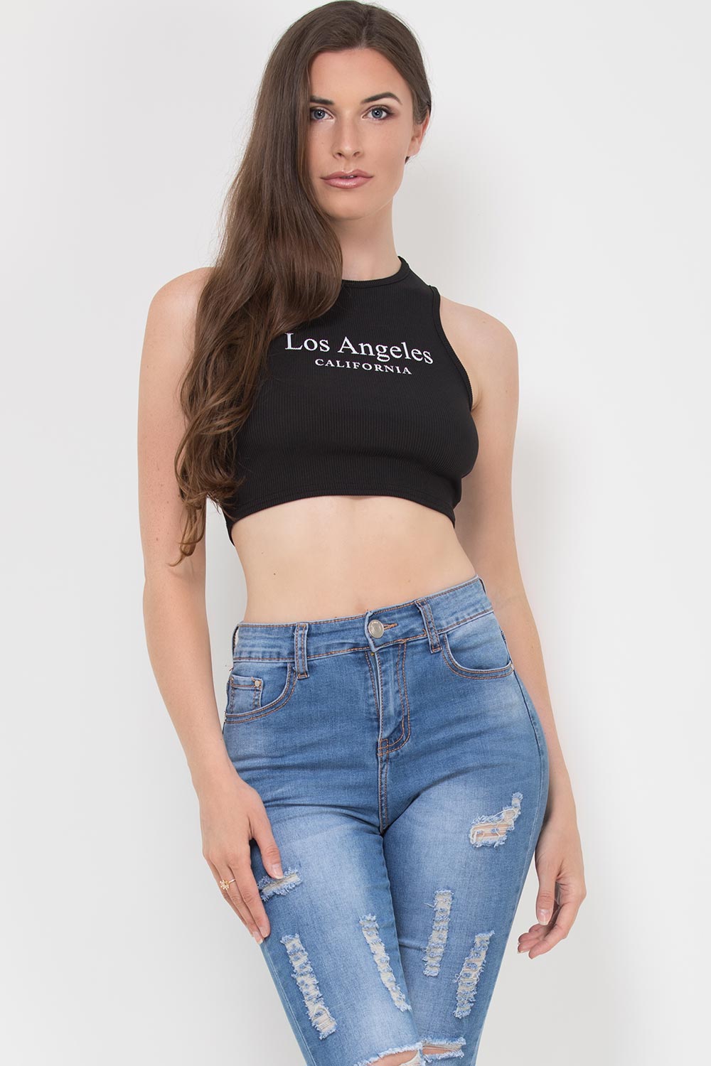 los angeles californina slogan ribbed crop top black
