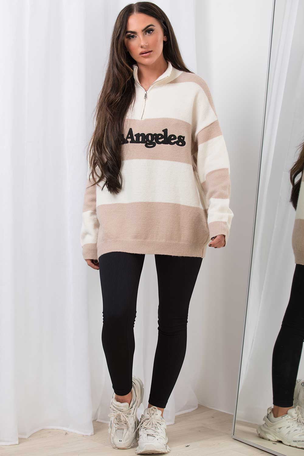 stripe half zip jumper beige