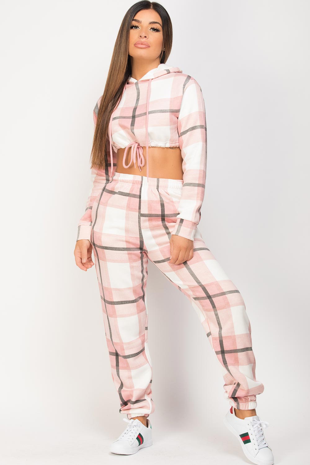 pink check hoodie and joggers lounge set