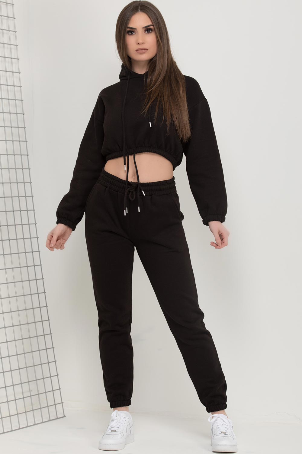 black loungewear set with drawstring hem