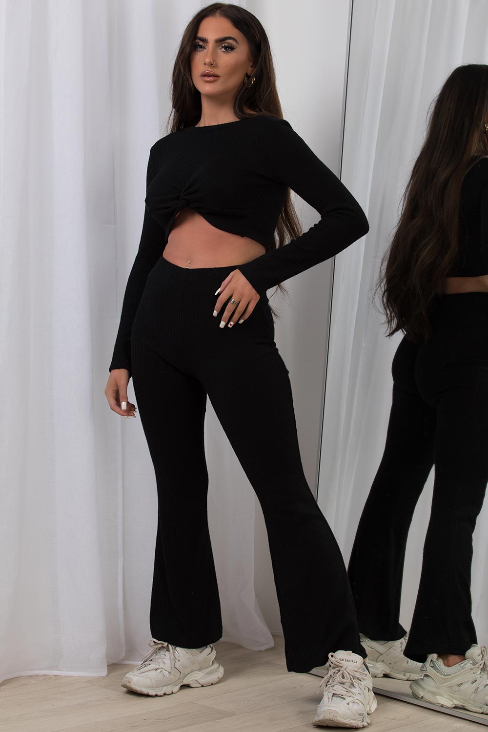 womens black knot front lounge set ribbed