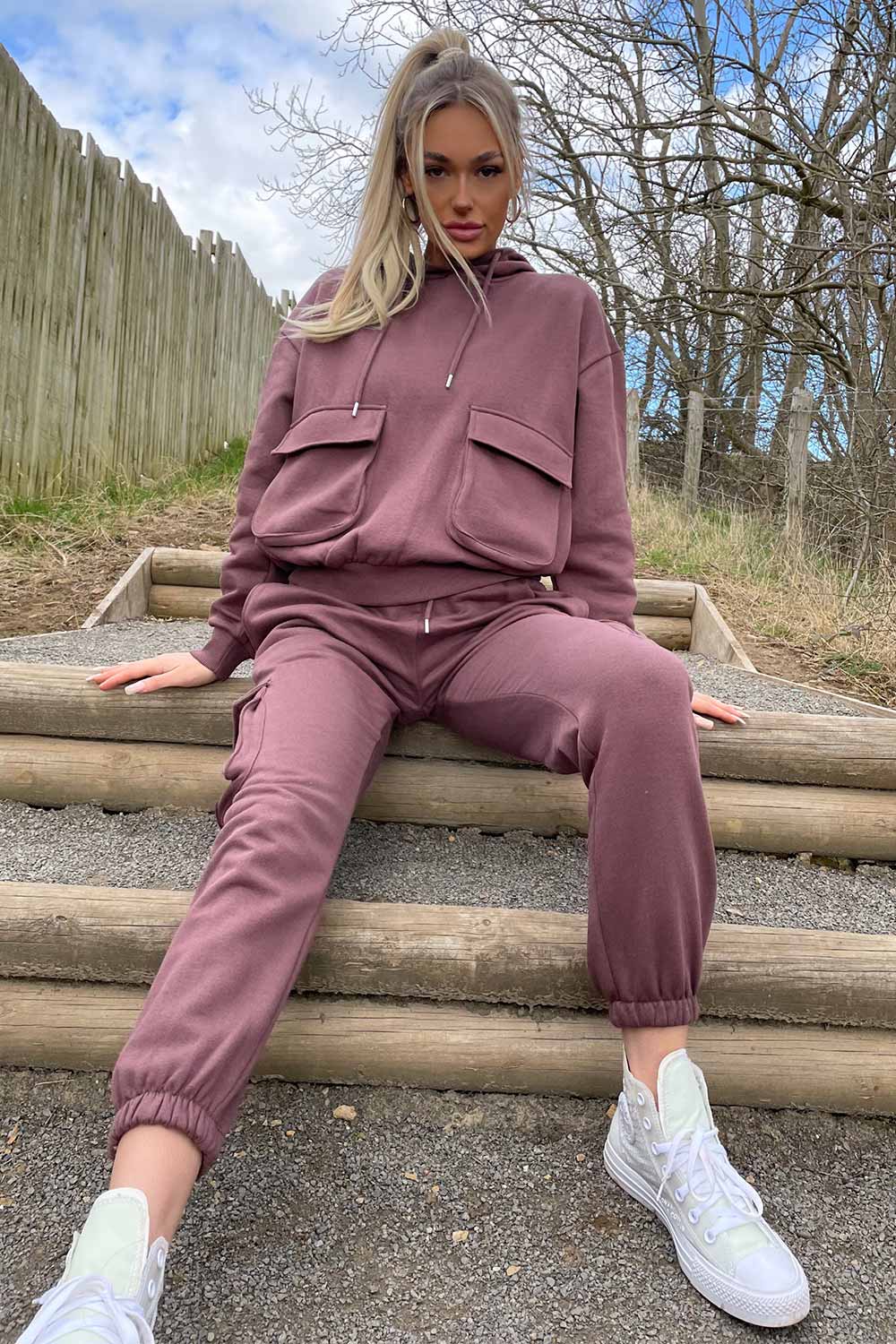 brown loungewear set with utility pockets