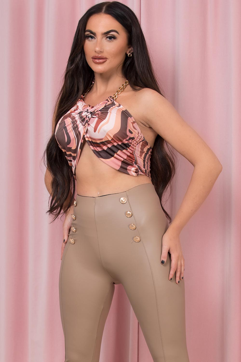 marble print gold chain cross over crop top