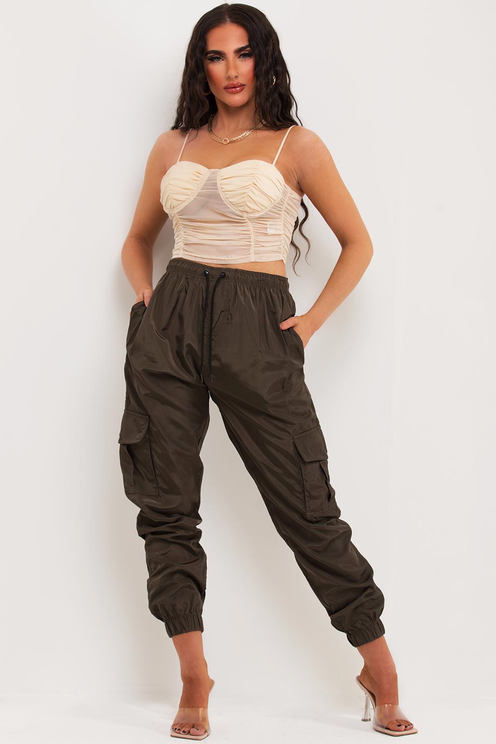 ruched mesh bustier crop top