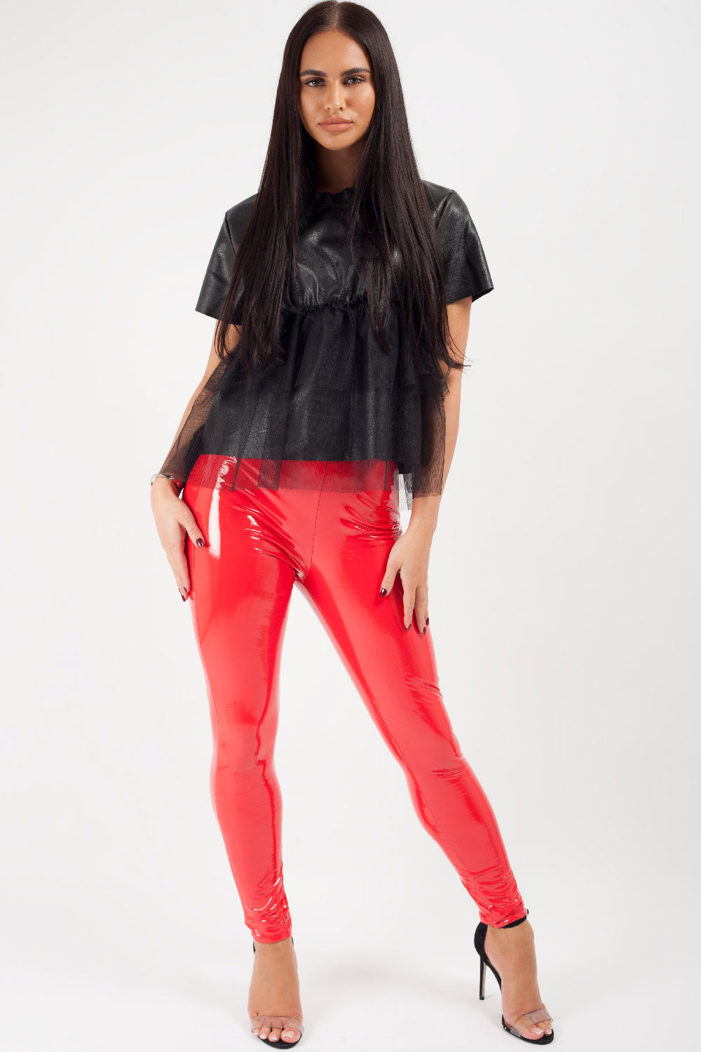 black faux leather mesh layered top