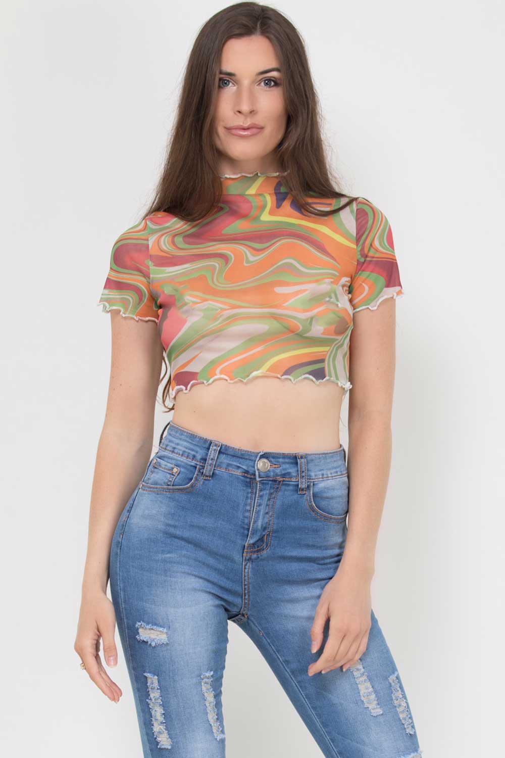 green marble print mesh crop top
