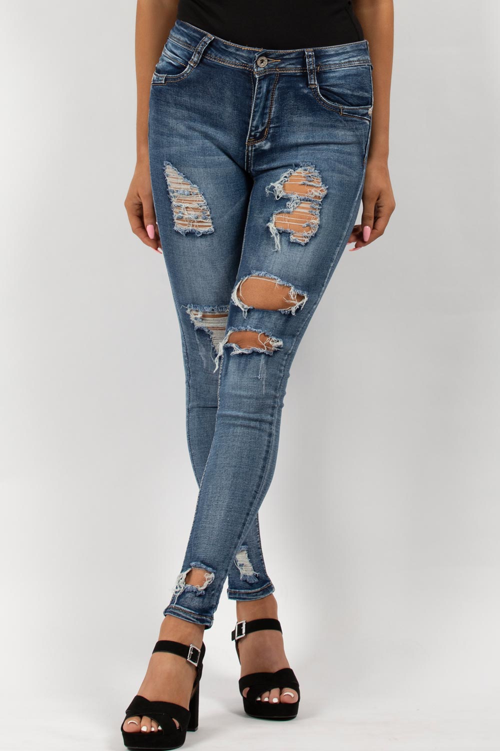 Distressed Mid Wash Blue Skinny Jeans