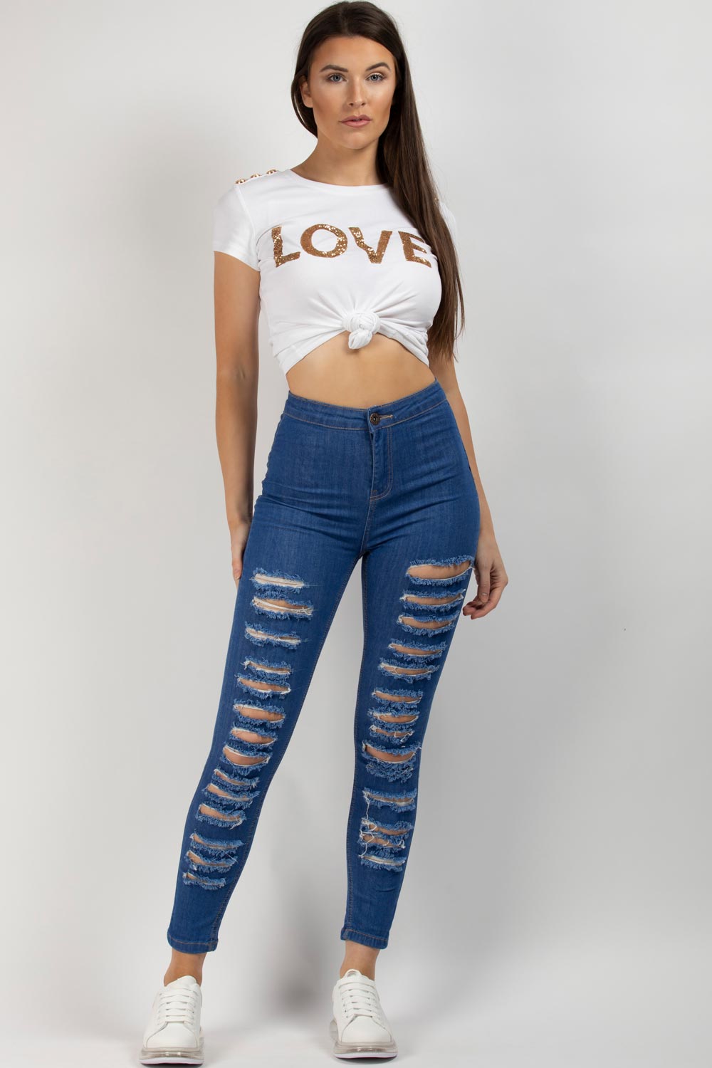 Mid Wash Blue Multi Rip High Waist Skinny Jeans