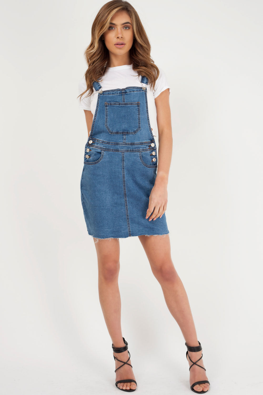 mid wash denim front pocket pinafore styledup fashion