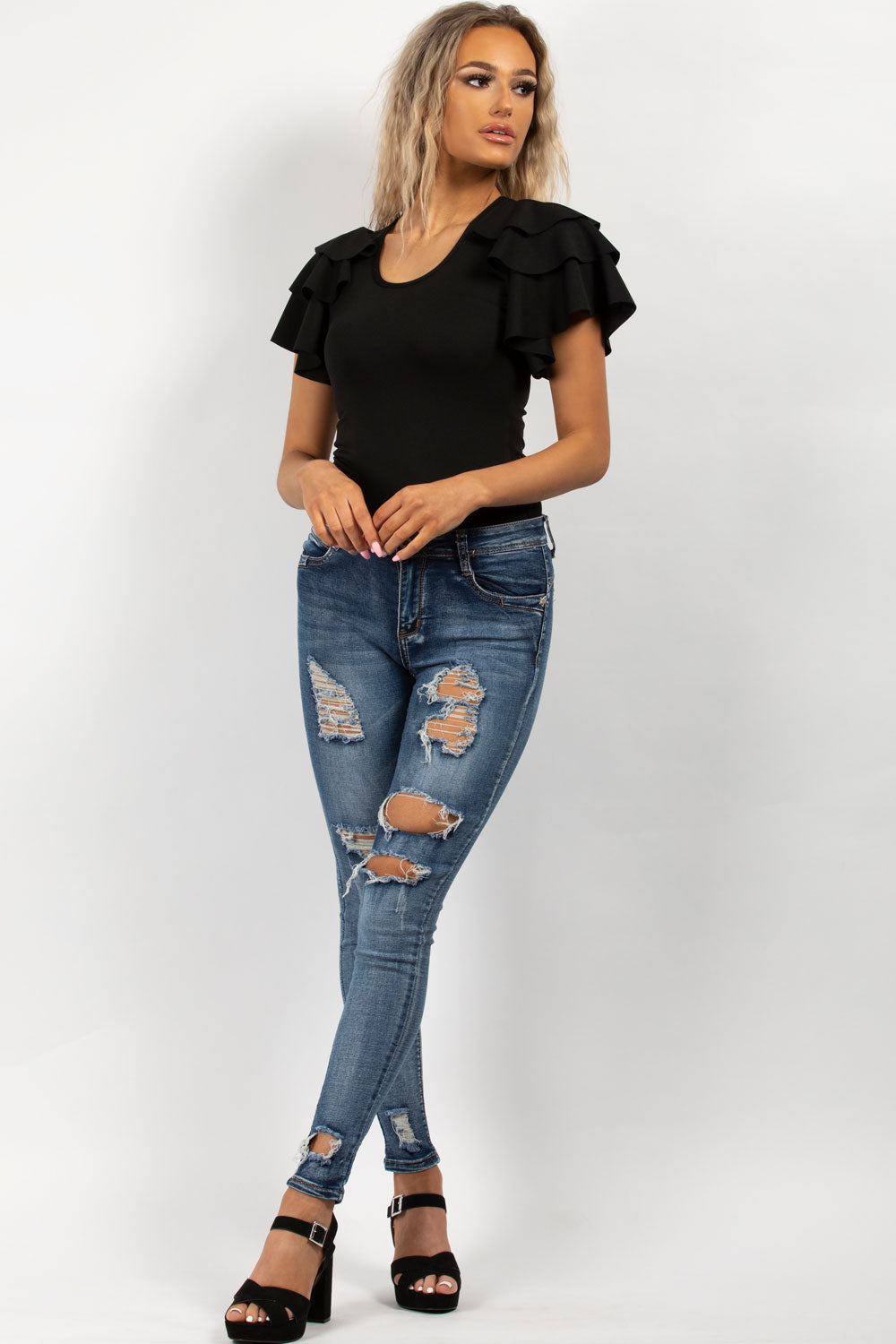 Distressed Mid Wash Blue Skinny Jeans