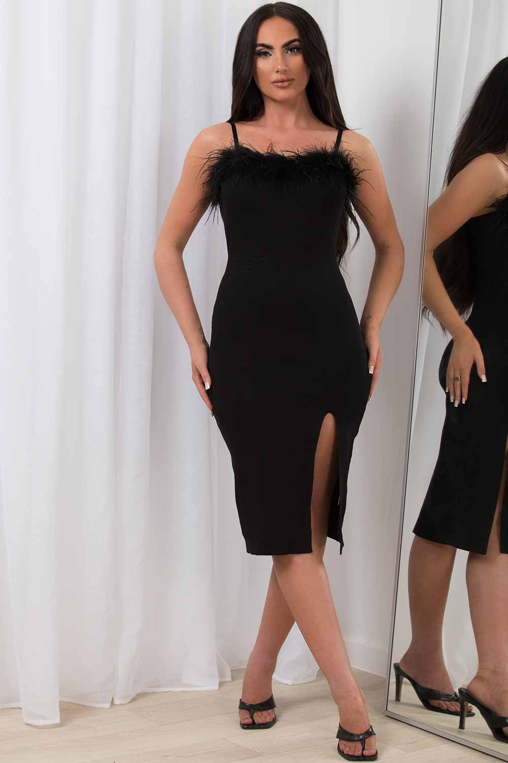 feather trim black midi dress with side slit