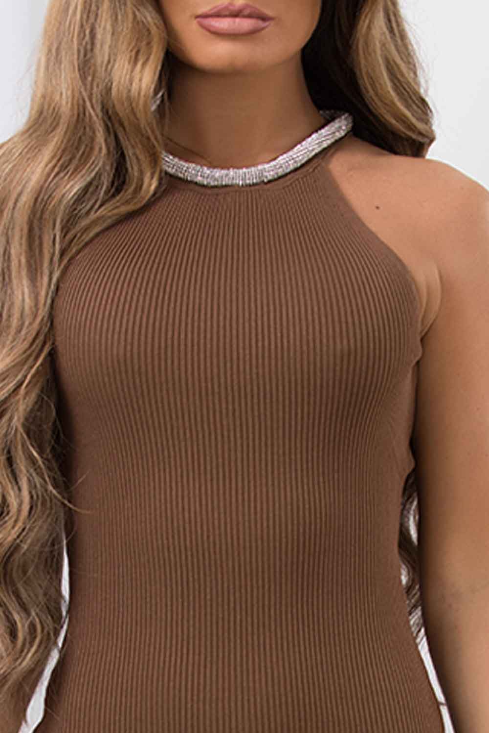 ribbed sleeveless christmas dress with diamante neck
