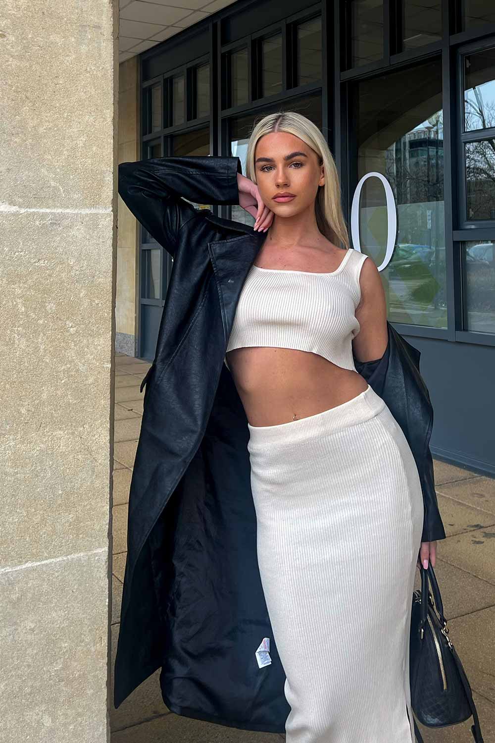 ribbed midi skirt and crop top co ord set