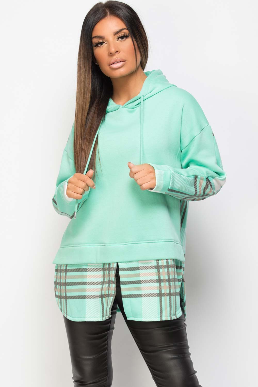 check print back hoodie mint green