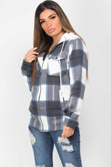 womens shacket with hood navy check